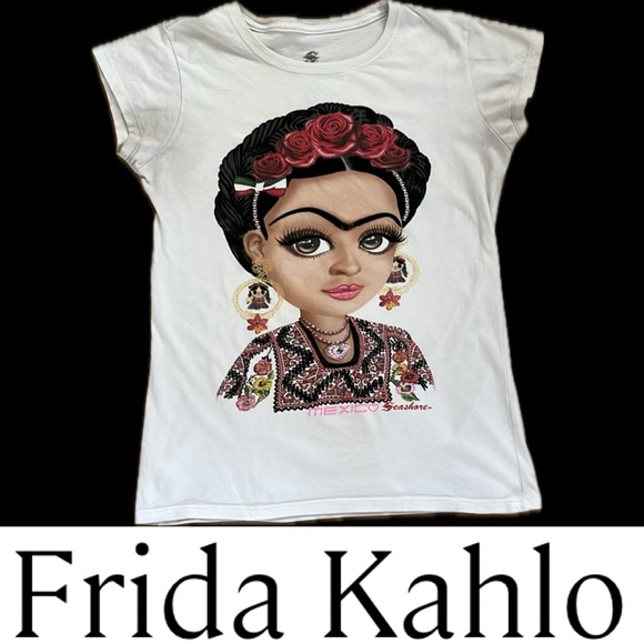 💋Frida Kahlo Mexico | Textured White Graphic Short Sleeve Tee | Grande / Large - Picture 1 of 17